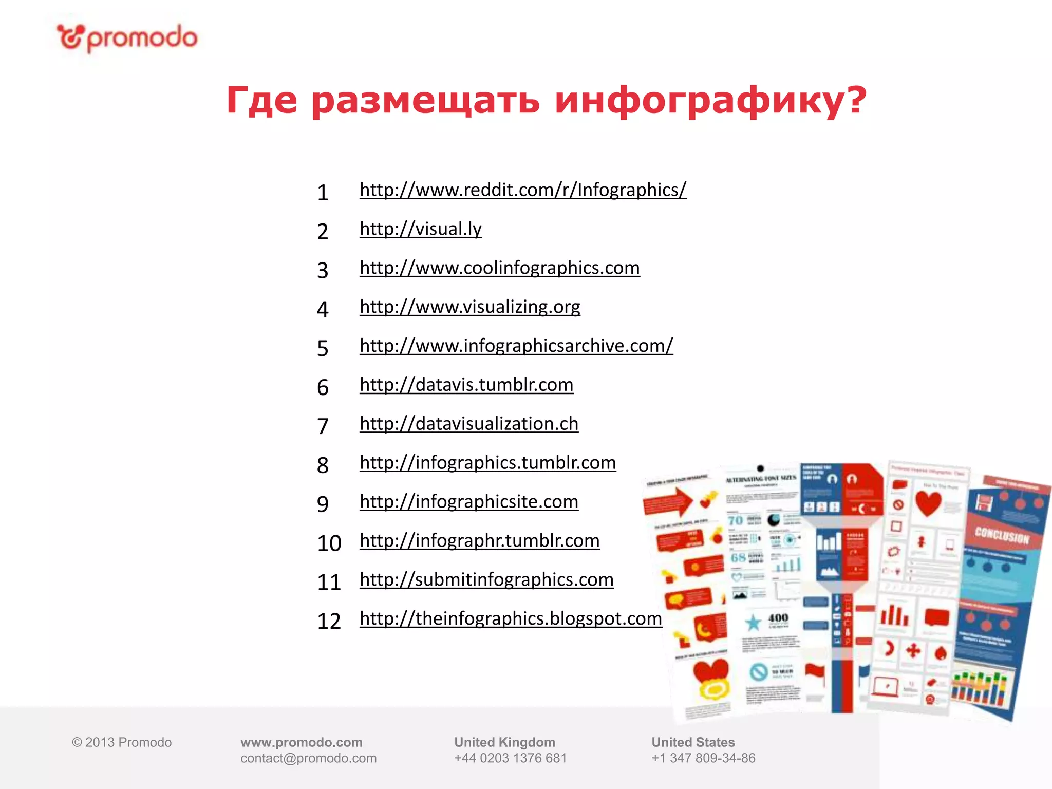 © 2013 Promodo www.promodo.com
contact@promodo.co
m
United Kingdom
+44 0203 1376 681
United States
+1 347 809-34-86
Где размещать инфографику?
© 2013 Promodo www.promodo.com
contact@promodo.com
United Kingdom
+44 0203 1376 681
United States
+1 347 809-34-86
1 http://www.reddit.com/r/Infographics/
2 http://visual.ly
3 http://www.coolinfographics.com
4 http://www.visualizing.org
5 http://www.infographicsarchive.com/
6 http://datavis.tumblr.com
7 http://datavisualization.ch
8 http://infographics.tumblr.com
9 http://infographicsite.com
10 http://infographr.tumblr.com
11 http://submitinfographics.com
12 http://theinfographics.blogspot.com
 