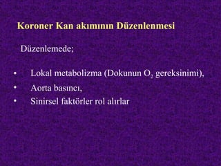 Koroner Kan akımının Düzenlenmesi

    Düzenlemede;

•     Lokal metabolizma (Dokunun O2 gereksinimi),
•     Aorta basıncı,
•     Sinirsel faktörler rol alırlar
 