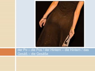 der Po – die Pos / der Hintern – die Hintern / das 
Gesäß – die Gesäße 
 