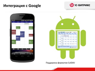 Интеграция с Google




                      Поддержка форматов CalDAV
 