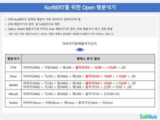 한국어 BERT
• 04 KorBERT를 위한 Open 형분석기
• ETRI KorBERT의 입력은 형분석 이후 데이터가 입력되어야 함
• ETRI 형분석기의 경우, 일 5,000건으로 제한
• Saltlux ADAM 형분석기와 카카오 Khaii 형분석기의 경우, ETRI 형분석기 테그 셋와 동일
(품사 태그 세트 표준(TTA.KO-11.0010), 세종21계획의 결과물인 ‘형태분석 말뭉치 구축 지침(Ver. 2005-1))
형분석기 형태소 분석 결과
ETRI 아버지/NNG + 가방/NNG + 에/JKB + 들어가/VV + 시/EP + ㄴ다/EF + ./SF
Khaii 아버지/NNG + 가/JKS + 방/NNG + 에/JKB + 들어가/VV + 시/EP + ㄴ다/EF + ./SF
ADAM
아버지/NNG + 가/JKS + 방/NNG + 에/JKB + 들어가/VV + 시/EP + ㄴ다/EP + ./SF
아버지/NNG + 가/JKS + 방/NNG + 에/JKB + 들어가/VV + 신/EP + 다/EF + ./SF
Mecab 아버지/NNG + 가/JKS + 방/NNG + 에/JKB + 들어가/VV + 신다/EP+EC
Twitter 아버지/Noun + 가방/Noun + 에/Josa + 들어가신/Verb + 다/Eomi
아버지가방에들어가신다.
 