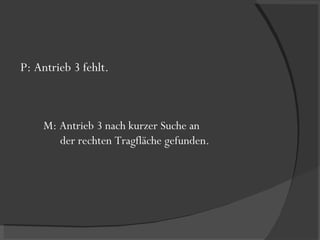 P: Antrieb 3 fehlt. M: Antrieb 3 nach kurzer Suche an  der rechten Tragfläche gefunden. 