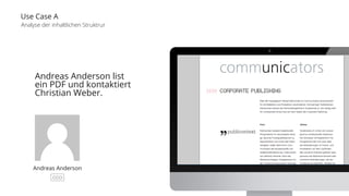 Use Case A 
Analyse der inhaltlichen Struktrur 
Andreas Anderson list 
ein PDF und kontaktiert 
Christian Weber. 
Andreas Anderson 
CCO 
 