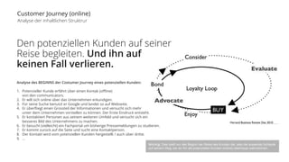 Customer Journey (online) 
Analyse der inhaltlichen Struktrur 
Den potenziellen Kunden auf seiner 
Reise begleiten. Und ihn auf 
keinen Fall verlieren. 
Analyse des BEGINNS der Costumer Journey eines potenziellen Kunden: 
1. Potenzieller Kunde erfährt über einen Kontak (offline) 
von den communicators. 
2. Er will sich online über das Unternehmen erkundigen. 
3. Für seine Suche benutzt er Google und landet so auf Webseite. 
4. Er überfliegt einen Grossteil der Informationen und versucht sich mehr 
unter dem Unternehmen vorstellen zu können. Der Erste Eindruck entsteht. 
5. Er kontaktiert Personen aus seinem weiteren Umfeld und versucht sich ein 
besseres Bild des Unternehmens zu machen. 
6. Er besucht (vielleicht) ein Fachportal um bisherige Pressemeldungen zu studieren. 
7. Er kommt zurück auf die Seite und sucht eine Kontaktperson. 
8. Der Kontakt wird vom potenziellen Kunden hergestellt / auch über dritte. 
9. … 
Wichtig: Dies stellt nur den Beginn der Reise des Kunden dar, also die äusserste Schlaufe 
auf seinem Weg, bis wir Ihn als potenziellen Kunden (online) überhaupt wahrnehmen. 
 