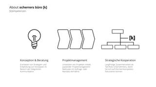 About scherrers büro [k] 
[k]ompetenzen 
Strategische Kooperation 
Langfristige Zusammenarbeit als 
Teil Ihres Unternehmens, damit 
Sie sich auf Ihre Kernkompetenz 
fokussieren können. 
Projektmanagement 
Umsetzten von Projekten mittels 
passender Projektmanagement- 
Methoden im Auftrags- oder 
Mandats-Verhältnis. 
Konzeption & Beratung 
Erarbeiten von Strategien und 
Entwicklung von Konzepten im 
Bereich der Integrierten 
Kommunikation. 
 