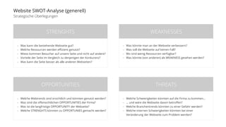 Website SWOT-Analyse (generell) 
Strategische Überlegungen 
STRENGHTS 
- Was kann die bestehende Webseite gut? 
- Welche Ressourcen werden effizient genutzt? 
- Wieso kommen Besucher auf unsere Seite und nicht auf andere? 
- Vorteile der Seite im Vergleich zu denjenigen der Konkurenz? 
- Was kann die Seite besser als alle anderen Webseiten? 
WEAKNESSES 
- Was könnte man an der Webseite verbessern? 
- Was soll die Webseite auf keinen Fall? 
- Wo sind wenig Ressourcen verfügbar? 
- Was könnte (von anderen) als WEAKNESS gesehen werden? 
OPPORTUNITIES 
- Welche Webtrends sind ersichtlich und könnten genutzt werden? 
- Was sind die offensichtlichen OPPORTUNITIES der Firma? 
- Was ist die langfristige OPPORTUNITY der Webseite? 
- Welche STRENGHTS könnten zu OPPORTUNIES gemacht werden? 
THREATS 
- Welche Schwierigkeiten könnten auf die Firma zu kommen… 
- … und wäre die Webseite davon betroffen? 
- Welche Branchentrends könnten zu einer Gefahr werden? 
- Welche internen Schwierigkeiten könnten bei einer 
Veränderung der Webseite zum Problem werden? 
 