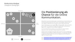 Konkurrenz-Analyse 
Strategische Überlegungen 
full service 
boutique 
corp. 
werbung comm. 
Die Positionierung als 
Chance für die Online 
Kommunikation. 
Betrachtet man die Veränderungen in der Branche, ist eine Annäherung 
der Bereiche Werbung und Corp. Comm. festzustellen, welcher unter 
dem Begriff “Integrierte Kommunikation” grosse Beachtung findet. 
Diese Entwicklung ist auch seitens Farner festzustellen. Seit rund einem 
Jahr wurden Informationen (PR) gestreut welche die Entwicklung zur 
Agentur für integrierte Kommunikation begleiten*. 
Für die (Online) Kommunikation ist es wichtig sich seiner Stärken 
bewusst zu sein und diese im Markt bekannt zu machen. 
Aufgrund der derzeitigen Veränderungen würde sich eine mittelfristige 
Positionierungs-Strategie als hilfreich erweisen, um diejenigen Mandate 
zu gewinnen, welche sich nicht auf eine integrierte Kommunikations 
Agentur einlassen wollen. 
H Y 
W 
L 
Co Div Kl. 
F 
J 
C 
F 
XY Konkurrenz C 
Communicators 
G 
06.05.13 | http://www.persoenlich.com/news/prcorporate-communication/pr-agenturen-konkurrenzieren-immer-mehr-werbeagenturen-306261 
09.04.14 | http://www.persoenlich.com/news/prcorporate-communication/bpra-zwei-drittel-der-pr-agenturen-mit-umsatzrueckgang-315021 
24.04.14 | http://www.persoenlich.com/news/prcorporate-communication/farner-consulting-markus-eisenhut-verstarkt-bereich-public-affairs 
20.05.14 | http://www.persoenlich.com/news/prcorporate-communication/farner-philipp-skrabal-wird-chief-creative-officer-317478 
06.06.14 | http://www.persoenlich.com/news/prcorporate-communication/farner-consulting-daniel-heller-tritt-als-grossrat-zuruck-318074 
E 
 