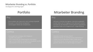 Mitarbeiter Branding vs. Portfolio 
Strategische Überlegungen 
Pro 
Contra 
Portfolio Mitarbeiter Branding 
Pro 
Contra 
- Kommunikation der Cases wird in den Vordergrund gestellt 
- Vertrauen in Unternehmen wird gestärkt 
- Case bezogener Beweis der Kompetenzen 
- Schwierigkeit beim Aufzeigen aller Fähigkeiten… 
- …da jeder Case anders ist. 
- Hoher Aufwand bei der Aufwertung der Cases (Video) 
- Zeigen nicht die Vielfalt der Kompetenzen die geboten werden 
- Cases brauchen immer das OK vom Kunden 
- Vertrauen in Vertreter der eigenen Unternehmung gestärkt 
- Kunden fühlen sich im Umgang mit ihren Betreuern sicherer 
- Kompetenzen der Mitarbeiter werden gefördert (Spezialisten) 
- Mitarbeiter fühlen sich ernstgenommen = Engere Bindung 
- Mitarbeiter erhalten grössere “Macht” 
- Mitarbeiter werden zur Visitenkarte des Unternehmens* 
- Content muss von Mitarbeitern selber erstellt werden 
- Hohe Kosten bei der Umsetzung, da permanent Content 
generiert werden muss um die Strategie umzusetzen 
 