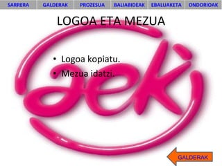 LOGOA ETA MEZUA Logoa kopiatu. Mezua idatzi. GALDERAK SARRERA GALDERAK PROZESUA BALIABIDEAK EBALUAKETA ONDORIOAK 