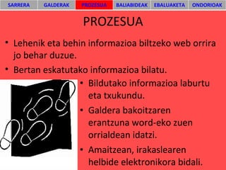 PROZESUA Bildutako informazioa laburtu eta txukundu. Galdera bakoitzaren erantzuna word-eko zuen orrialdean idatzi. Amaitzean, irakaslearen helbide elektronikora bidali. Lehenik eta behin informazioa biltzeko web orrira jo behar duzue. Bertan eskatutako informazioa bilatu. SARRERA GALDERAK PROZESUA BALIABIDEAK EBALUAKETA ONDORIOAK 