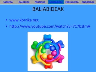 BALIABIDEAK www.korrika.org http://www.youtube.com/watch?v=717bzfmAt3g   SARRERA GALDERAK PROZESUA BALIABIDEAK EBALUAKETA ONDORIOAK 