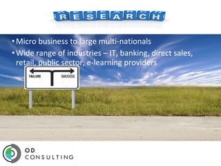 • Micro business to large multi-nationals
• Wide range of industries – IT, banking, direct sales,
retail, public sector, e-learning providers

 