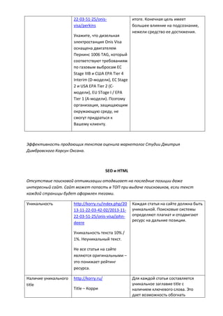 22-03-51-25/onis-
visa/perkins
Укажите, что дизельная
электростанция Onis Visa
оснащена двигателем
Перкинс 1006 TAG, который
соответствуют требованиям
по газовым выбросам ЕС
Stage IIIB и США EPA Tier 4
Interim (D-модели), EC Stage
2 и USA EPA Tier 2 (С-
модели), EU SToge I / EPA
Tier 1 (А-модели). Поэтому
организация, защищающим
окружающую среду, не
смогут придраться к
Вашему клиенту.
итоге. Конечная цель имеет
большее влияние на подсознание,
нежели средство ее достижения.
Эффективность продающих текстов оценила маркетолог Студии Дмитрия
Димбровского Корсун Оксана.
SEO и HTML
Отсутствие поисковой оптимизации отодвигает на последние позиции даже
интересный сайт. Сайт может попасть в ТОП при выдаче поисковиков, если текст
каждой страницы будет оформлен тегами.
Уникальность http://korry.ru/index.php/20
13-11-22-03-42-02/2013-11-
22-03-51-25/onis-visa/john-
deere
Уникальность текста 10% /
1%. Неуникальный текст.
Не все статьи на сайте
являются оригинальными –
это понижает рейтинг
ресурса.
Каждая статья на сайте должна быть
уникальной. Поисковые системы
определяют плагиат и отодвигают
ресурс на дальние позиции.
Наличие уникального
title
http://korry.ru/
Title – Корри
Для каждой статьи составляется
уникальное заглавие title с
наличием ключевого слова. Это
дает возможность обогнать
 