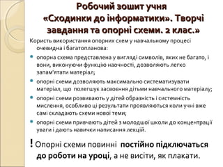 Робочий зошит учняРобочий зошит учня
«Сходинки до інформатики». Творчі«Сходинки до інформатики». Творчі
завдання та опорні схеми. 2 клас.»завдання та опорні схеми. 2 клас.»
Користь використання опорних схем у навчальному процесі
очевидна і багатопланова:
 опорна схема представлена у вигляді символів, яких не багато, і
вони, виконуючи функцію наочності, дозволяють легко
запам'ятати матеріал;
 опорні схеми дозволяють максимально систематизувати
матеріал, що полегшує засвоєння дітьми навчального матеріалу;
 опорні схеми розвивають у дітей образність і системність
мислення, особливо ці результати проявляються коли учні вже
самі складають схеми нової теми;
 опорні схеми привчають дітей з молодшої школи до концентрації
уваги і дають навички написання лекцій.
!Опорні схеми повинні постійно підключаться
до роботи на уроці, а не висіти, як плакати.
 