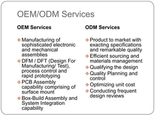 OEM/ODM Services OEM ServicesManufacturing of sophisticated electronic and mechanical assemblies