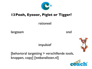 13 Pooh, Eyeoor, Piglet or Tigger? rationeel langzaam snel impulsief [behavioral targetting > verschillende tools, knoppen...