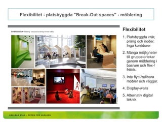 Flexibilitet - platsbyggda "Break-Out spaces" - möblering
Flexibilitet
1. Platsbyggda vrår,
prång och noder.
Inga korridorer
2. Många möjligheter
till gruppstorlekar
genom möblering i
basrum och flex-/
fritids.
3. Inte flytt-/rullbara
möbler och väggar.
4. Display-walls
5. Alternativ digital
teknik
 