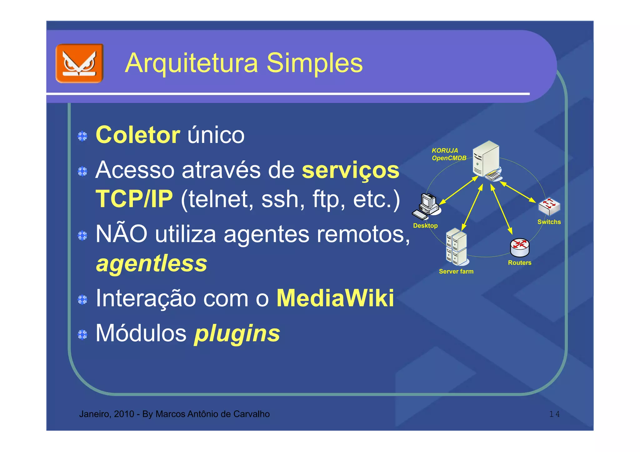 Arquitetura S p es
            qu tetu a Simples

   Coletor único                                     KORUJA
                                                     OpenCMDB

   Acesso através de serviços
   TCP/IP (telnet, ssh, ftp, etc.)
                                                                                  Switchs
                                                Desktop

   NÃO utiliza agentes remotos,
          tili      t          t
   agentless                                              Server farm
                                                                        Routers




   Interação com o MediaWiki
   Módulos plugins
   Mód los pl gins


Janeiro, 2010 - By Marcos Antônio de Carvalho                                        14
 