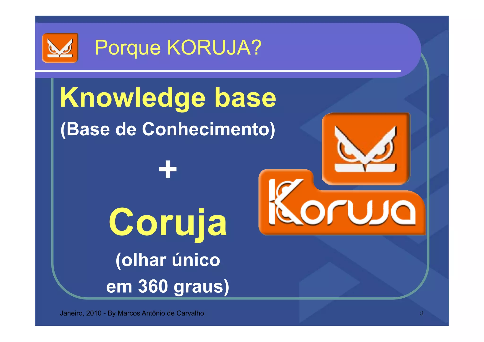 Porque KORUJA?
           o que O UJ

Knowledge base
(Base de Conhecimento)

                              +
              Coruja
              C   j
               (olhar único
              em 360 graus)
Janeiro, 2010 - By Marcos Antônio de Carvalho   8
 