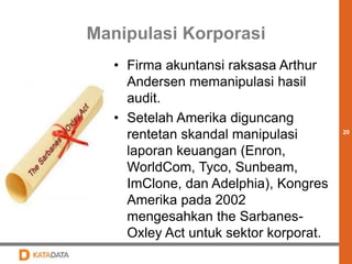 20 
Manipulasi Korporasi 
• Firma akuntansi raksasa Arthur 
Andersen memanipulasi hasil 
audit. 
• Setelah Amerika diguncang 
rentetan skandal manipulasi 
laporan keuangan (Enron, 
WorldCom, Tyco, Sunbeam, 
ImClone, dan Adelphia), Kongres 
Amerika pada 2002 
mengesahkan the Sarbanes- 
Oxley Act untuk sektor korporat. 
 
