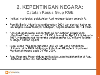 6 
2. KEPENTINGAN NEGARA: 
Catatan Kasus Grup RGE 
• Indikasi manipulasi pajak Asian Agri terbesar dalam sejarah RI. 
• Pemilik Bank Unibank yang dibekukan 2001 dan sempat kabur ke 
luar negeri. Sukanto bayar sebagian, negara nombok Rp 1,4 triliun. 
• Kasus dugaan wesel ekspor fiktif ke perusahaan afiliasi yang 
difasilitasi Bank Indonesia US$ 230 juta (sekitar Rp 2,7 triliun) pada 
1997. Negara hanya menerima pelunasan Rp 430 miliarTerakhir 
di tangan Timtas Tipikor 
• Surat utang (NCD) bermasalah US$ 28 juta yang diterbitkan 
Unibank pada 1999. Melanggar ketentuan BI seperti dinyatakan 
Mahkamah Agung pada 24 Mei 2007. 
• Riau Pulp and Paper diduga terlibat kasus pembalakan liar di Riau. 
Diselidiki Polda Riau dan Mabes Polri. 
 