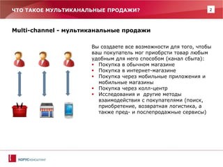 2 
ЧТО ТАКОЕ МУЛЬТИКАНАЛЬНЫЕ ПРОДАЖИ? 
Multi-channel - мультиканальные продажи 
Вы создаете все возможности для того, чтобы ваш покупатель мог приобрсти товар любым удобным для него способом (канал сбыта): 
Покупка в обычном магазине 
Покупка в интернет-магазине 
Покупка через мобильные приложения и мобильные магазины 
Покупка через колл-центр 
Исследования и другие методы взаимодействия с покупателями (поиск, приобретение, возвратная логистика, а также пред- и послепродажные сервисы)  