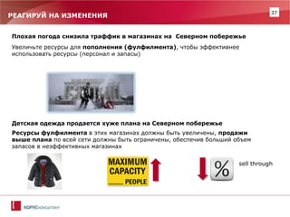 37 
РЕАГИРУЙ НА ИЗМЕНЕНИЯ 
Плохая погода снизила траффик в магазинах на Северном побережье 
Увеличьте ресурсы для пополнения (фулфилмента), чтобы эффективнее использовать ресурсы (персонал и запасы) 
Детская одежда продается хуже плана на Северном побережье 
Ресурсы фулфилмента в этих магазинах должны быть увеличены, продажи выше плана по всей сети должны быть ограничены, обеспечив больший объем запасов в неэффективных магазинах 
sell through  