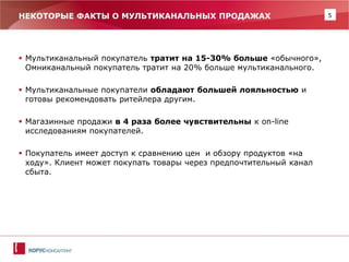 5 
НЕКОТОРЫЕ ФАКТЫ О МУЛЬТИКАНАЛЬНЫХ ПРОДАЖАХ 
Мультиканальный покупатель тратит на 15-30% больше «обычного», Омниканальный покупатель тратит на 20% больше мультиканального. 
Мультиканальные покупатели обладают большей лояльностью и готовы рекомендовать ритейлера другим. 
Магазинные продажи в 4 раза более чувствительны к on-line исследованиям покупателей. 
Покупатель имеет доступ к сравнению цен и обзору продуктов «на ходу». Клиент может покупать товары через предпочтительный канал сбыта. 
 