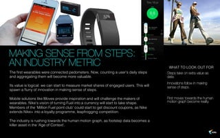 MAKING SENSE FROM STEPS:
AN INDUSTRY METRIC


WHAT TO LOOK OUT FOR"

The ﬁrst wearables were connected pedometers. Now, co...