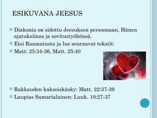 ESIKUVANA JEESUS

 Diakonia on sidottu Jeesuksen persoonaan, Hänen
  ajatuksiinsa ja sovitustyöhönsä.
 Etsi Raamatusta ja lue seuraavat tekstit:

 Matt: 25:34-36, Matt. 25:40




 Rakkauden kaksoiskäsky: Matt. 22:37-39
 Laupias Samarialainen: Luuk. 10:27-37
 