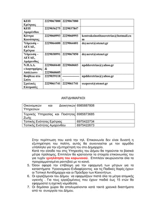 ΚΕΠ
Ερέτριας
2229067000 2229067080
ΚΕΠ
Αμαρύνθου
2229036275 2229037847
Κέντρα
Κοινότητας
2229060993 2229060993 kentrakoinotitaseretrias@hotmail.co
m
Ύδρευση –
ΔΕΥΑΕ,
Ερέτρια
2229064400 2229064401 deyaeret@otenet.gr
Ύδρευση –
ΔΕΥΑΕ,
Αμάρυνθος
2229038991 2229067050 deyaeret@otenet.gr
Ν.Π.Δ.Δ.
«Δαφνηφόρος
Απόλλων»
2229060440
&
2229060605
2229060603 npdderetrias@yahoo.gr
Βοήθεια στο
Σπίτι
2229039118 ----------------
-
npdderetrias@yahoo.gr
Σχολικές
Επιτροπές
2229061741 2229061741 sxeperet@otenet.gr
ΑΝΤΙΔΗΜΑΡΧΟΙ
Οικονομικών και Διοικητικών
Υπηρεσιών
6985887808
Τεχνικής Υπηρεσίας και Ποιότητας
Ζωής
6985873685
Τοπικής Ενότητας Ερέτριας 6975422734
Τοπικής Ενότητας Αμαρύνθου 6975422673
Στην περίπτωση που κατά την τηλ. Επικοινωνία δεν είναι δυνατή η
εξυπηρέτηση του πολίτη, αυτός θα συνεννοείται με τον αρμόδιο
υπάλληλο για την εξυπηρέτησή του στο Δημαρχείο.
Κατά την είσοδο του στις Υπηρεσίες του Δήμου θα τηρούνται τα βασικά
μέτρα πρόληψης. Επιπλέον θα κρατούνται τα στοιχεία επικοινωνίας του
για τυχόν ιχνηλάτηση του κορωνοιού. Επιπλέον ακυρώνονται όλα τα
προγραμματισμένα ραντεβού με το κοινό.
5. Όσον αφορά την επίβλεψη για την εφαρμογή των μέτρων για τα
καταστήματα Υγειονομικού Ενδιαφέροντος και τις Παιδικές Χαρές έχουν
οι Τοπικοί Αντιδήμαρχοι και οι Πρόεδροι των Κοινοτήτων.
6. Οι εργαζόμενοι του Δήμου να εφαρμόζουν πιστά όλα τα μέτρα ατομικής
υγιεινής . Για τους εργαζομένους που έχουν παιδιά έως 15 ετών θα
εφαρμοστεί η σχετική νομοθεσία.
7. Οι δημόσιοι χώροι θα απολυμαίνονται κατά τακτά χρονικά διαστήματα
από τα συνεργεία του Δήμου.
 