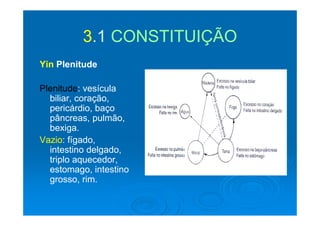 33 11 CONSTITUIÇÃOCONSTITUIÇÃO33.1.1 CONSTITUIÇÃOCONSTITUIÇÃO
Yi Pl it dYin Plenitude
Plenitude: vesículaPlenitude: vesícula
biliar, coração,
pericárdio, baçop
pâncreas, pulmão,
bexiga.
Vazio: fígadoVazio: fígado,
intestino delgado,
triplo aquecedor,p q
estomago, intestino
grosso, rim.
 