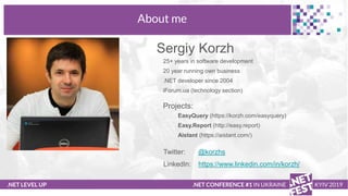 Тема доклада
Тема доклада
Тема доклада
.NET LEVEL UP
About me
.NET CONFERENCE #1 IN UKRAINE KYIV 2019
Sergiy Korzh
25+ yea...