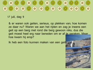 17 juli, dag 9 & er waren ook geiten, serieus, op plekken van; hoe komen ze daar nu? Waren we aan het rijden en zag je ineens een geit op een berg met rond die berg gewoon niks, dus die geit moest heel erg naar beneden om er af te geraken. Maar hoe kwam hij erop? Ik heb een foto kunnen maken van een geit (: 