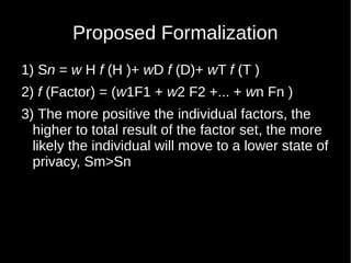 Proposed Formalization
1) Sn = w H f (H )+ wD f (D)+ wT f (T )
2) f (Factor) = (w1F1 + w2 F2 +... + wn Fn )
3) The more positive the individual factors, the
higher to total result of the factor set, the more
likely the individual will move to a lower state of
privacy, Sm>Sn
 