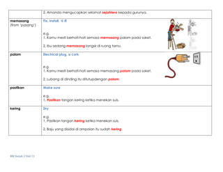 BM Darjah 2 Unit 11
2. Amanda mengucapkan selamat sejahtera kepada gurunya.
memasang
(from ‘pasang’)
Fix, install, 安装
e.g.
1. Kamu mesti berhati-hati semasa memasang palam pada soket.
2. Ibu sedang memasang langsir di ruang tamu.
palam Electrical plug, a cork
e.g.
1. Kamu mesti berhati-hati semasa memasang palam pada soket.
2. Lubang di dinding itu ditutupdengan palam.
pastikan Make sure
e.g.
1. Pastikan tangan kering ketika menekan suis.
kering Dry
e.g.
1. Pastikan tangan kering ketika menekan suis.
2. Baju yang disidai di ampaian itu sudah kering.
 