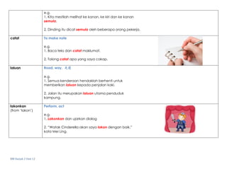 BM Darjah 2 Unit 12
e.g.
1. Kita mestilah melihat ke kanan, ke kiri dan ke kanan
semula.
2. Dinding itu dicat semula oleh beberapa orang pekerja.
catat To make note
e.g.
1. Baca teks dan catat maklumat.
2. Tolong catat apa yang saya cakap.
laluan Road, way, 走道
e.g.
1. Semua kenderaan hendaklah berhenti untuk
memberikan laluan kepada penjalan kaki.
2. Jalan itu merupakan laluan utama penduduk
kampung.
lakonkan
(from ‘lakon’)
Perform, act
e.g.
1. Lakonkan dan ujarkan dialog
2. “Watak Cinderella akan saya lakon dengan baik,”
kata Mei Ling.
 