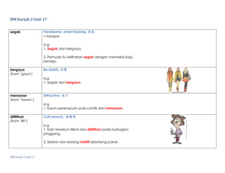 BM Darjah 2 Unit 17
BM Darjah 2 Unit 17
segak Handsome, smart looking, 英俊
= tampan
e.g.
1. Segak dan bergaya.
2. Pemuda itu kelihatan segak dengan memakai baju
kemeja.
bergaya
(from ‘gaya’)
Be stylish, 时髦
e.g.
1. Segak dan bergaya.
menawan
(from ‘tawan’)
Attractive, 吸引
e.g.
1. Kaum perempuan pula cantik dan menawan.
dililitkan
(from ‘lilit’)
Coil around, 被缠绕
e.g.
1. Kain tersebut diikat dan dililitkan pada bahagian
pinggang.
2. Seekor ular sedang melilit sebatang pokok.
 