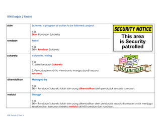 BM Darjah 2 Unit 6
BM Darjah 2 Unit 6
skim Scheme, a program of action to be followed; project
e.g.
Skim Rondaan Sukarela
rondaan Patrol
e.g.
Skim Rondaan Sukarela
sukarela Volunteer, willing
e.g.
1. Skim Rondaan Sukarela
2. Pemuda-pemudi itu membantu mangsa banjir secara
sukarela.
dikendalikan Managed by
e.g.
Skim Rondaan Sukarela ialah skim yang dikendalikan oleh penduduk sesuatu kawasan.
melalui Through
e.g.
Skim Rondaan Sukarela ialah skim yang dikendalikan oleh penduduk sesuatu kawasan untuk menjaga
keselamatan kawasan mereka melalui aktiviti kawalan dan rondaan.
 