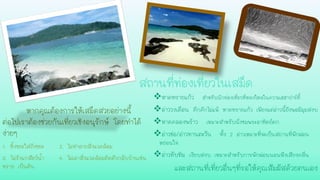 หากคุณต้องการให้เสม็ดสวยอย่างนี้
ต่อไปเราต้องช่วยกันเที่ยวเชิงอนุรักษ์ โดยทาได้
ง่ายๆ
1. ทิ้งขยะใส่ถังขยะ 2. ไม่ทาลายสิ่งแวดล้อม
3. ไม่รังแกสัตว์น้า 4. ไม่เอาสิ่งแวดล้อมติดตัวกลับบ้านเช่น
ทราย เป็นต้น
หาดทรายแก้ว สาหรับนักท่องเที่ยวที่หลงใหลในความเฮฮาปาร์ตี้
อ่าววงเดือน คึกคักไม่แพ้ หาดทรายแก้ว เพียงแต่อ่าวนี้ยังพอมีมุมสงบ
หาดคลองพร้าว เหมาะสาหรับนั่งชมพระอาทิตย์ตก
อ่าวช่อ/อ่าวทานตะวัน ทั้ง 2 อ่าวเหมาะที่จะเป็นสถานที่พักผ่อน
หย่อนใจ
อ่าวทับทิม เงียบสงบ เหมาะสาหรับการพักผ่อนนอนฟังเสียงคลื่น
และสถานที่เที่ยวอื่นๆที่รอให้คุณสัมผัสด้วยตนเอง
 