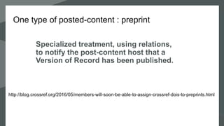 One type of posted-content : preprint
Specialized treatment, using relations,
to notify the post-content host that a
Version of Record has been published.
http://blog.crossref.org/2016/05/members-will-soon-be-able-to-assign-crossref-dois-to-preprints.html
 