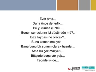 Evet ama…
Daha önce denedik…
Bu yürümez çünkü…
Bunun sonuçlarını iyi düĢündün mü?..
Bize faydası ne olacak?..
Buna zamanımız yok…
Bana bunu bir sunum olarak hazırla…
Ama bu çok maliyetli…
Bütçede buna yer yok…
Teoride iyi de…

 