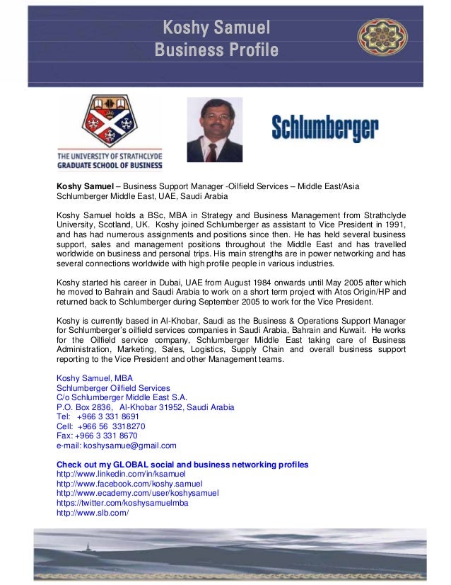Business & Management Profile of Koshy SAMUEL Schlumberger Oilfield