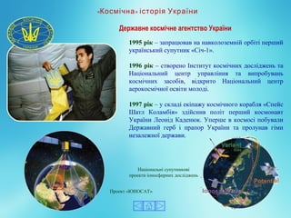 1995 рік – запрацював на навколоземній орбіті перший 
український супутник «Січ-1».
1996 рік – створено Інститут космічних досліджень та 
Національний  центр  управління  та  випробувань 
космічних  засобів,  відкрито  Національний  центр 
аерокосмічної освіти молоді.
1997 рік – у складі екіпажу космічного корабля «Спейс 
Шатл  Коламбія»  здійснив  політ  перший  космонавт 
України Леонід Каденюк. Уперше в космосі побували 
Державний  герб  і  прапор  України  та  пролунав  гімн 
незалежної держави.
« »Космічна історія України
Національні супутникові 
проекти іоносферних досліджень
Проект «ІОНОСАТ» 
Державне космічне агентство України
 
