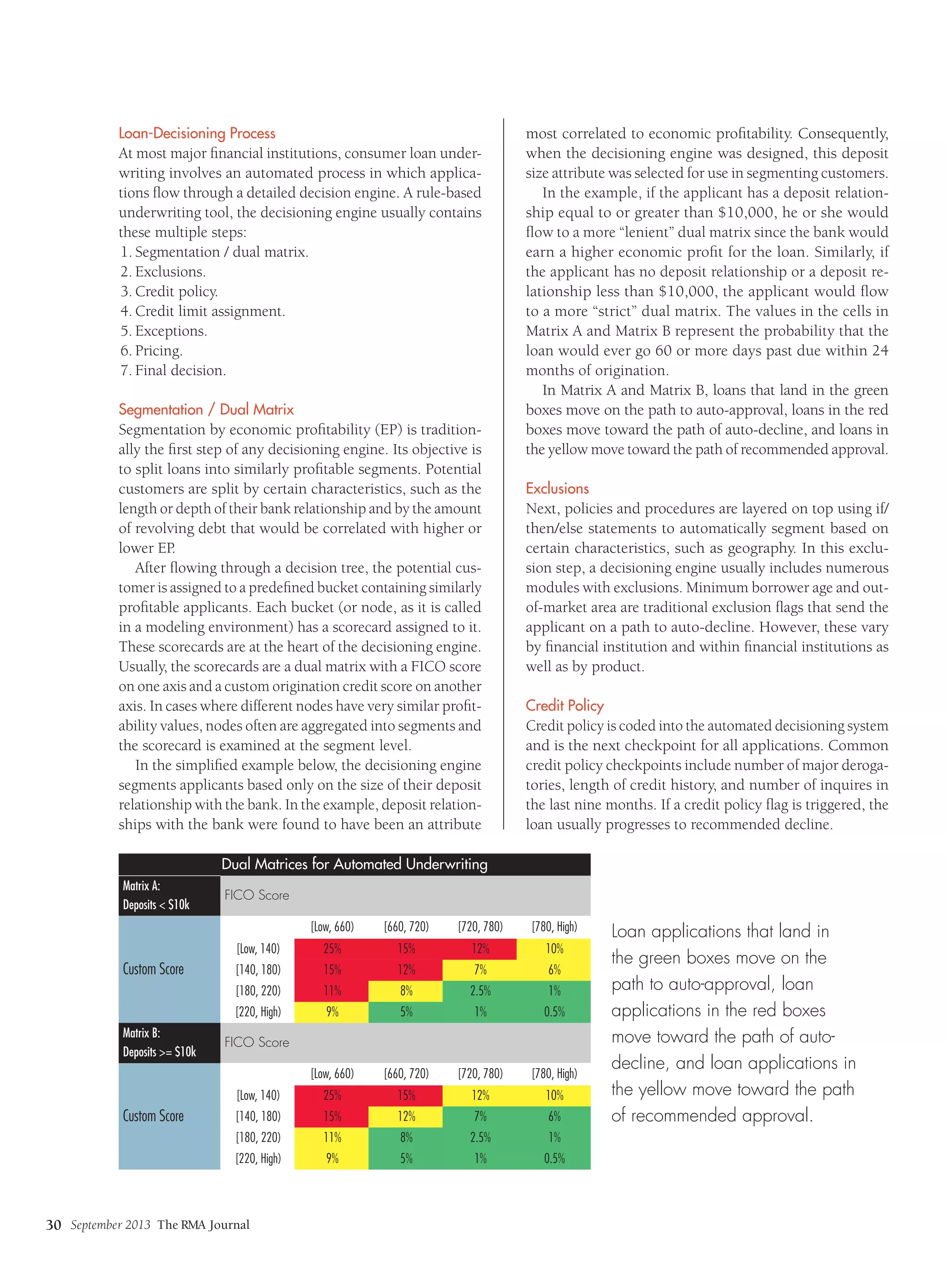 September 2013 The RMA Journal
30
Loan-Decisioning Process
At most major financial institutions, consumer loan under-
writing involves an automated process in which applica-
tions flow through a detailed decision engine. A rule-based
underwriting tool, the decisioning engine usually contains
these multiple steps:
1.	Segmentation / dual matrix.
2.	Exclusions.
3.	Credit policy.
4.	Credit limit assignment.
5.	Exceptions.
6.	Pricing.
7.	Final decision.
Segmentation / Dual Matrix
Segmentation by economic profitability (EP) is tradition-
ally the first step of any decisioning engine. Its objective is
to split loans into similarly profitable segments. Potential
customers are split by certain characteristics, such as the
length or depth of their bank relationship and by the amount
of revolving debt that would be correlated with higher or
lower EP.
After flowing through a decision tree, the potential cus-
tomer is assigned to a predefined bucket containing similarly
profitable applicants. Each bucket (or node, as it is called
in a modeling environment) has a scorecard assigned to it.
These scorecards are at the heart of the decisioning engine.
Usually, the scorecards are a dual matrix with a FICO score
on one axis and a custom origination credit score on another
axis. In cases where different nodes have very similar profit-
ability values, nodes often are aggregated into segments and
the scorecard is examined at the segment level.
In the simplified example below, the decisioning engine
segments applicants based only on the size of their deposit
relationship with the bank. In the example, deposit relation-
ships with the bank were found to have been an attribute
most correlated to economic profitability. Consequently,
when the decisioning engine was designed, this deposit
size attribute was selected for use in segmenting customers.
In the example, if the applicant has a deposit relation-
ship equal to or greater than $10,000, he or she would
flow to a more “lenient” dual matrix since the bank would
earn a higher economic profit for the loan. Similarly, if
the applicant has no deposit relationship or a deposit re-
lationship less than $10,000, the applicant would flow
to a more “strict” dual matrix. The values in the cells in
Matrix A and Matrix B represent the probability that the
loan would ever go 60 or more days past due within 24
months of origination.
In Matrix A and Matrix B, loans that land in the green
boxes move on the path to auto-approval, loans in the red
boxes move toward the path of auto-decline, and loans in
the yellow move toward the path of recommended approval.
Exclusions
Next, policies and procedures are layered on top using if/
then/else statements to automatically segment based on
certain characteristics, such as geography. In this exclu-
sion step, a decisioning engine usually includes numerous
modules with exclusions. Minimum borrower age and out-
of-market area are traditional exclusion flags that send the
applicant on a path to auto-decline. However, these vary
by financial institution and within financial institutions as
well as by product.
Credit Policy
Credit policy is coded into the automated decisioning system
and is the next checkpoint for all applications. Common
credit policy checkpoints include number of major deroga-
tories, length of credit history, and number of inquires in
the last nine months. If a credit policy flag is triggered, the
loan usually progresses to recommended decline.
Loan applications that land in
the green boxes move on the
path to auto-approval, loan
applications in the red boxes
move toward the path of auto-
decline, and loan applications in
the yellow move toward the path
of recommended approval.
Dual Matrices for Automated Underwriting
Matrix A:
Deposits < $10k
FICO Score
Custom Score
[Low, 660) [660, 720) [720, 780) [780, High)
[Low, 140) 25% 15% 12% 10%
[140, 180) 15% 12% 7% 6%
[180, 220) 11% 8% 2.5% 1%
[220, High) 9% 5% 1% 0.5%
Matrix B:
Deposits >= $10k
FICO Score
Custom Score
[Low, 660) [660, 720) [720, 780) [780, High)
[Low, 140) 25% 15% 12% 10%
[140, 180) 15% 12% 7% 6%
[180, 220) 11% 8% 2.5% 1%
[220, High) 9% 5% 1% 0.5%
 