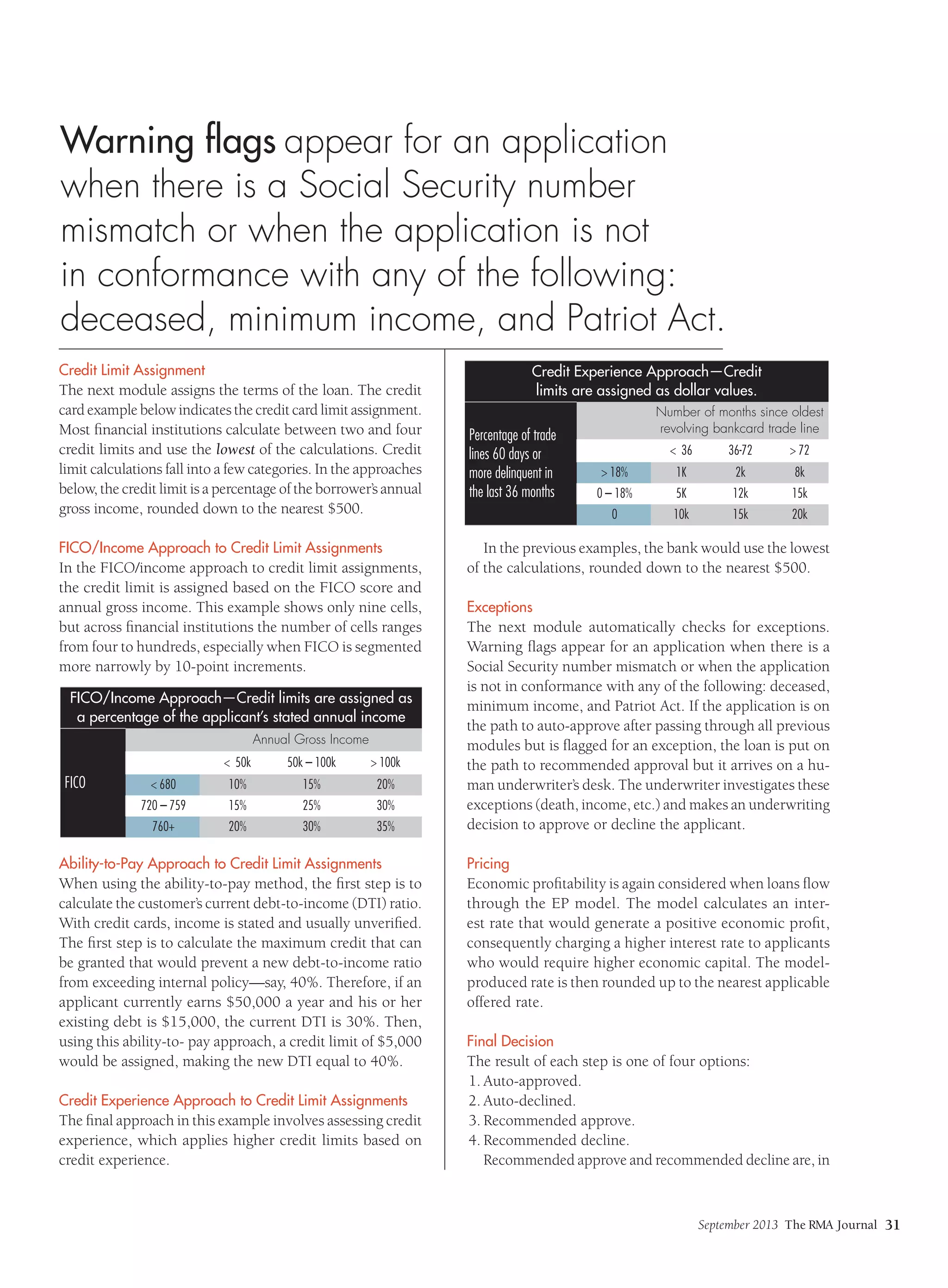 September 2013 The RMA Journal 31
Credit Limit Assignment
The next module assigns the terms of the loan. The credit
card example below indicates the credit card limit assignment.
Most financial institutions calculate between two and four
credit limits and use the lowest of the calculations. Credit
limit calculations fall into a few categories. In the approaches
below, the credit limit is a percentage of the borrower’s annual
gross income, rounded down to the nearest $500.
FICO/Income Approach to Credit Limit Assignments
In the FICO/income approach to credit limit assignments,
the credit limit is assigned based on the FICO score and
annual gross income. This example shows only nine cells,
but across financial institutions the number of cells ranges
from four to hundreds, especially when FICO is segmented
more narrowly by 10-point increments.
Ability-to-Pay Approach to Credit Limit Assignments
When using the ability-to-pay method, the first step is to
calculate the customer’s current debt-to-income (DTI) ratio.
With credit cards, income is stated and usually unverified.
The first step is to calculate the maximum credit that can
be granted that would prevent a new debt-to-income ratio
from exceeding internal policy—say, 40%. Therefore, if an
applicant currently earns $50,000 a year and his or her
existing debt is $15,000, the current DTI is 30%. Then,
using this ability-to- pay approach, a credit limit of $5,000
would be assigned, making the new DTI equal to 40%.
Credit Experience Approach to Credit Limit Assignments
The final approach in this example involves assessing credit
experience, which applies higher credit limits based on
credit experience.
In the previous examples, the bank would use the lowest
of the calculations, rounded down to the nearest $500.
Exceptions
The next module automatically checks for exceptions.
Warning flags appear for an application when there is a
Social Security number mismatch or when the application
is not in conformance with any of the following: deceased,
minimum income, and Patriot Act. If the application is on
the path to auto-approve after passing through all previous
modules but is flagged for an exception, the loan is put on
the path to recommended approval but it arrives on a hu-
man underwriter’s desk. The underwriter investigates these
exceptions (death, income, etc.) and makes an underwriting
decision to approve or decline the applicant.
Pricing
Economic profitability is again considered when loans flow
through the EP model. The model calculates an inter-
est rate that would generate a positive economic profit,
consequently charging a higher interest rate to applicants
who would require higher economic capital. The model-
produced rate is then rounded up to the nearest applicable
offered rate.
Final Decision
The result of each step is one of four options:
1.	Auto-approved.
2.	Auto-declined.
3.	Recommended approve.
4.	Recommended decline.
Recommended approve and recommended decline are, in
FICO/Income Approach—Credit limits are assigned as
a percentage of the applicant’s stated annual income
FICO
Annual Gross Income
< 50k 50k – 100k > 100k
< 680 10% 15% 20%
720 – 759 15% 25% 30%
760+ 20% 30% 35%
Credit Experience Approach—Credit
limits are assigned as dollar values.
Percentage of trade
lines 60 days or
more delinquent in
the last 36 months
Number of months since oldest
revolving bankcard trade line
< 36 36-72 > 72
> 18% 1K 2k 8k
0 – 18% 5K 12k 15k
0 10k 15k 20k
Warning flags appear for an application
when there is a Social Security number
mismatch or when the application is not
in conformance with any of the following:
deceased, minimum income, and Patriot Act.
 