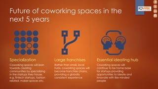 Future of coworking spaces in the
next 5 years
Specialization
Coworking spaces will lean
towards creating
communities by specializing
in the startups they house,
e.g. fintech startups, fashion
related, maker-spaces etc.
Large franchises
Rather than small, local
hubs, coworking spaces will
become franchise chains,
providing a globally
consistent experience
Essential ideating hub
Coworking spaces will
continue to be home base
for startups providing
opportunities to ideate and
innovate with like minded
people
 