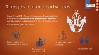 Strengths that enabled success
 Background in
media and PR
More than 70% of coworking space founders listed
their personal national and international networks
across various industries as the key to their success.
Other major enablers were:
 Access to Capital /
Funding
 Diverse skill sets
 Deep market and
cultural understanding
 