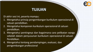 Di akhir sesi ini, peserta mampu:
1. Mengetahui prinsip pengembangan kurikulum operasional di
satuan pendidikan.
2. Mengetahui komponen kurikulum operasional di satuan
pendidikan.
3. Mengetahui pentingnya dan bagaimana cara pelibatan warga
sekolah dalam penyusunan kurikulum operasional di satuan
Pendidikan.
4. Mengetahui tentang pendampingan, evaluasi, dan
pengembangan professional
 