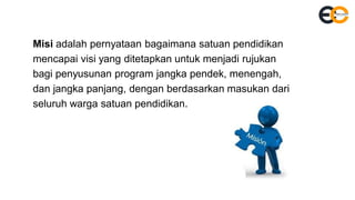 Misi adalah pernyataan bagaimana satuan pendidikan
mencapai visi yang ditetapkan untuk menjadi rujukan
bagi penyusunan program jangka pendek, menengah,
dan jangka panjang, dengan berdasarkan masukan dari
seluruh warga satuan pendidikan.
 